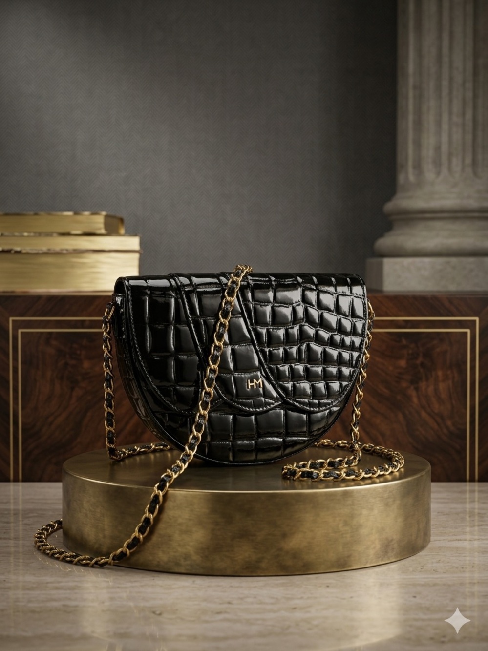 Vintage H&M Black Croc-Embossed Half-Moon Crossbody with Gold Chain NWOT